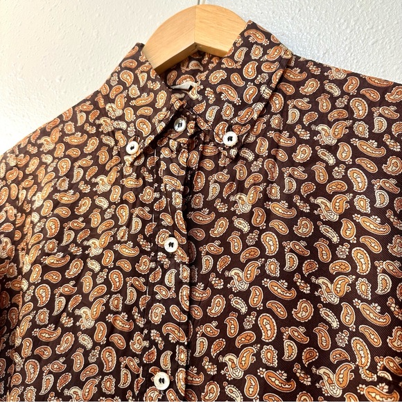 Vintage 70s Country Set Fall Micro Paisley Print Silky Satin Button Front Blouse - Picture 4 of 9